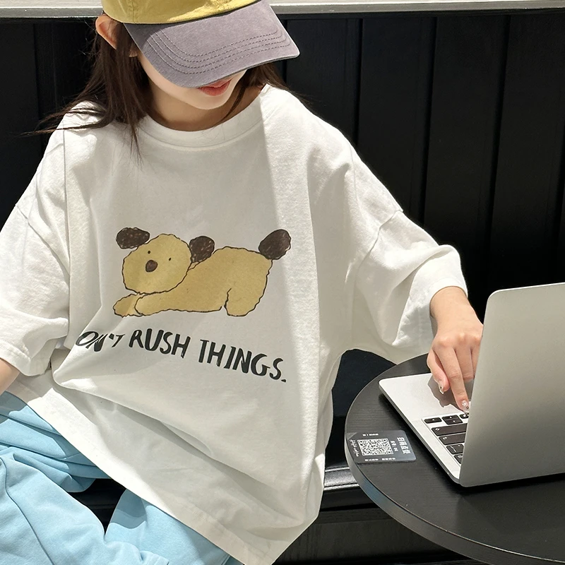 女童纯棉短袖T恤2025新款中大童洋气女孩上衣卡通印花儿童夏装t恤