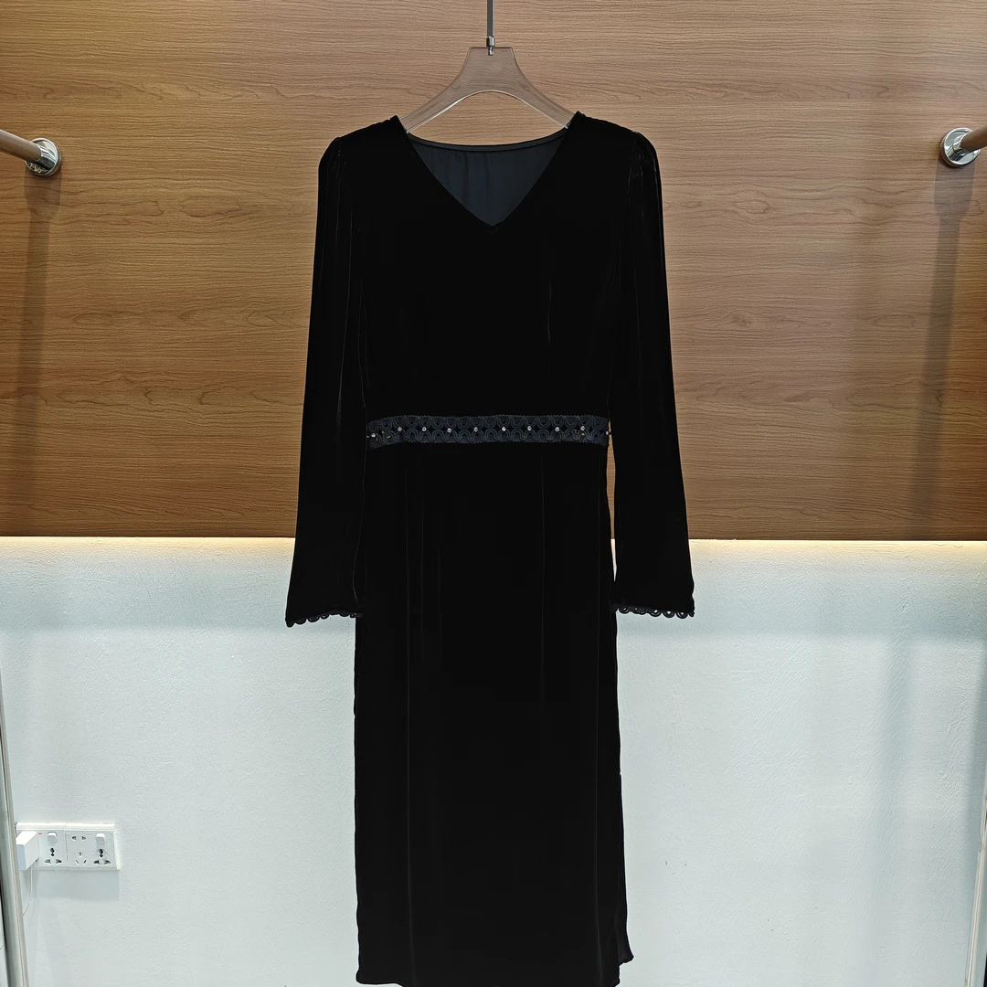 满分真丝丝绒显瘦气质时尚设计师连衣裙9070