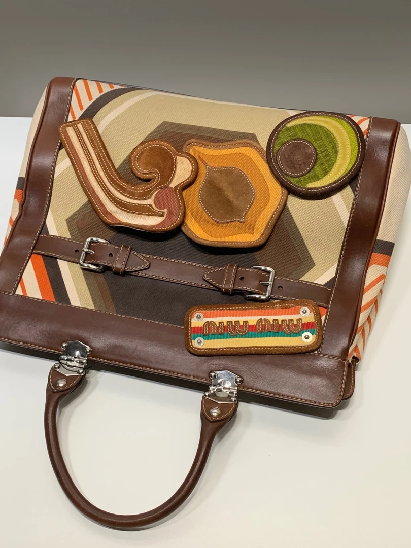 99新 MIU MIU/缪缪 HIHI/Miumiu 缪缪 帆布拼皮手提包 /8959608JL