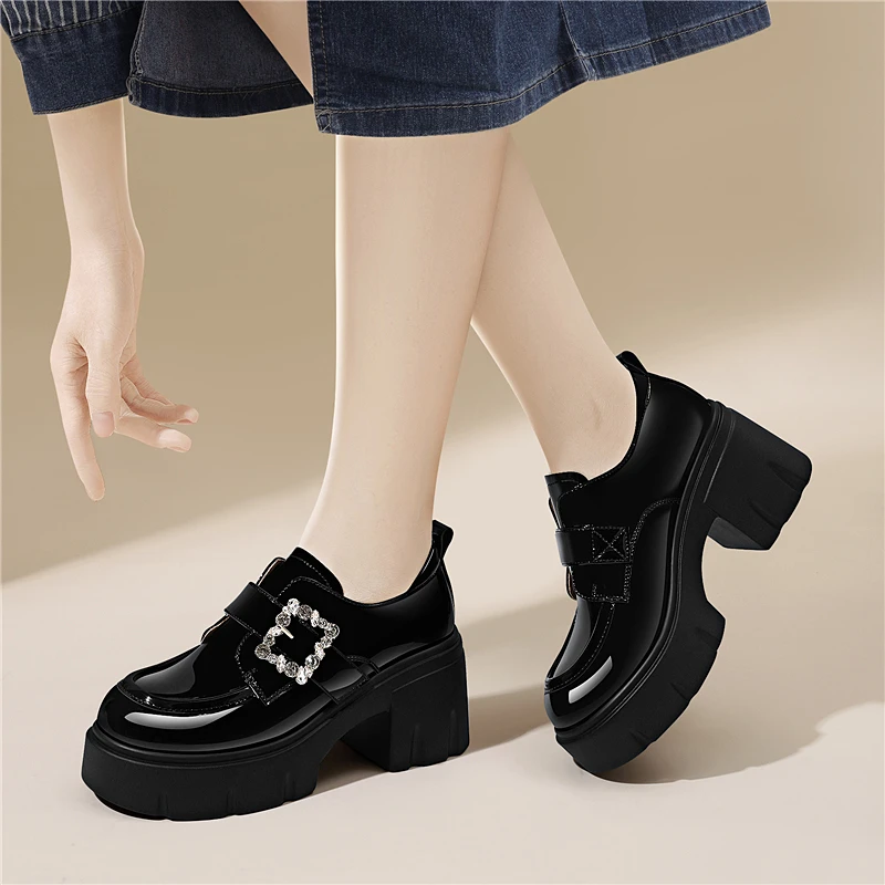 英伦风黑色小皮鞋女款厚底百搭乐福鞋2025新款春秋小个子高跟女鞋