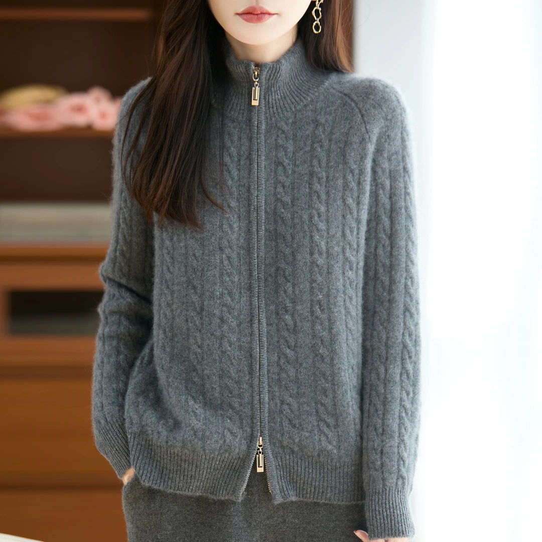 恒彩源秋冬新款100%羊毛衫高领复古麻花双拉链开衫洋气外套针织衫