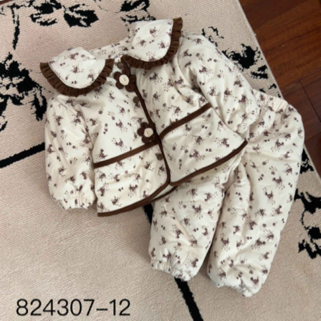 【编号P442】824307-12-儿童 花朵拼色家居服套装米色-DMXW