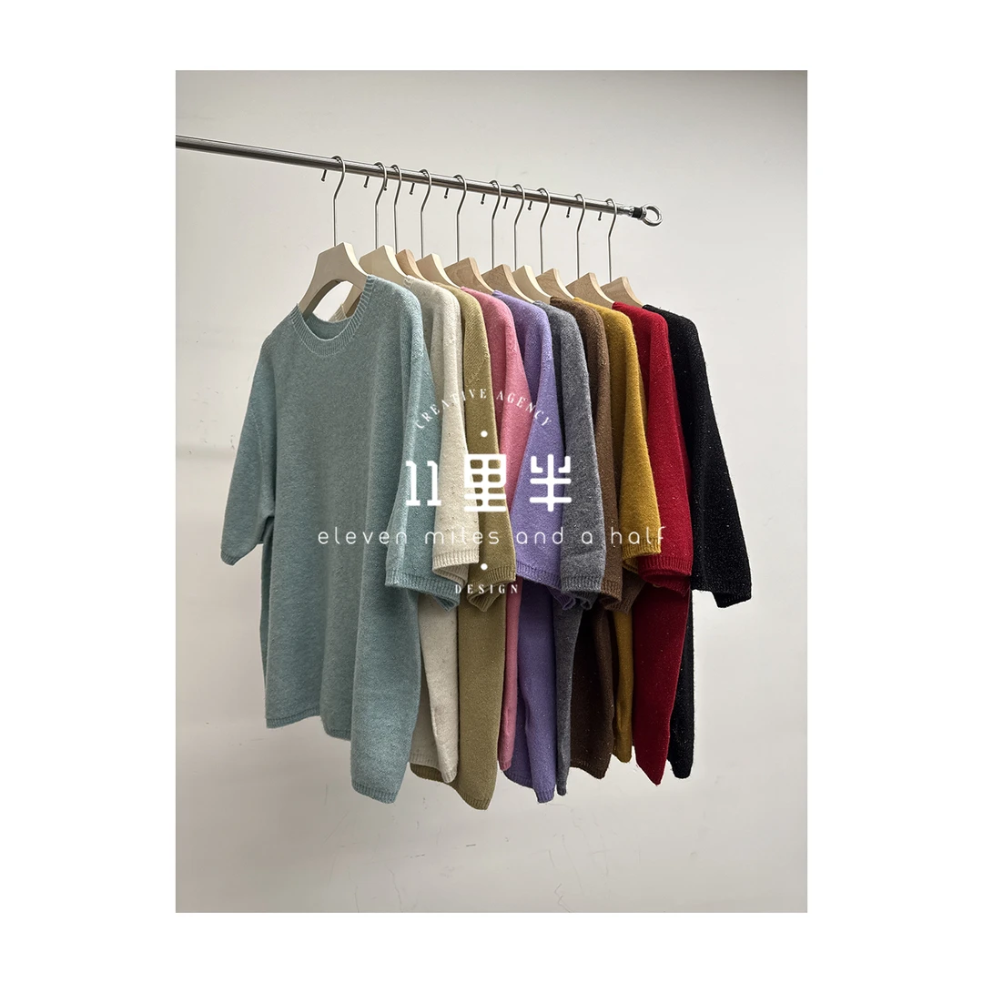 11里半&如懿【马卡龙】减龄百搭圆领100绵羊毛衫短袖针织上衣