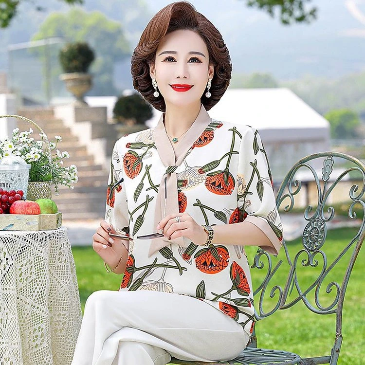 母亲节夏季新款洋气妈妈装气质雪纺小衫中老年七分袖上衣时尚T恤