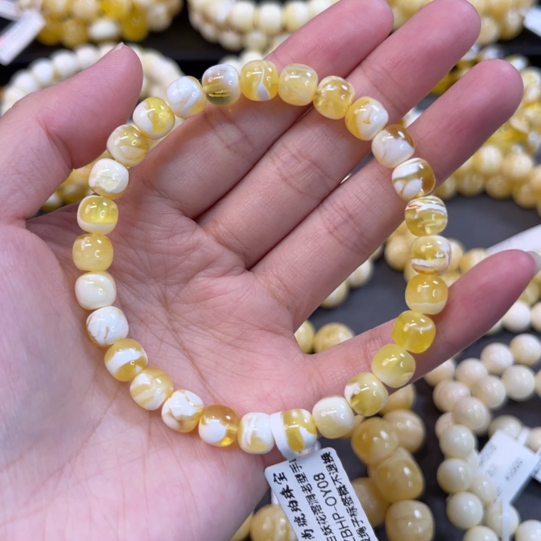 手串蜜蜡未镶嵌7.5*7mm金漆白溶洞妖花