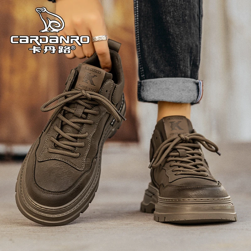 意大利卡丹路男鞋冬季复古棕色休闲工装板鞋男士真皮厚底马丁潮鞋