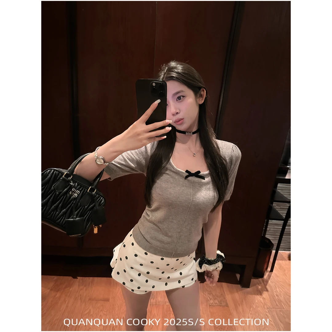 圈圈cooky 呦妮 韩系甜美蝴蝶结纯欲圆领修身显瘦短袖上衣L0845C