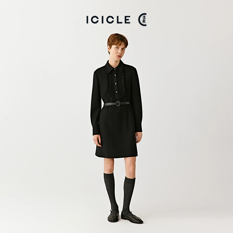 ICICLE之禾25早秋新品厚弹力羊毛罗马布短款连衣裙0776
