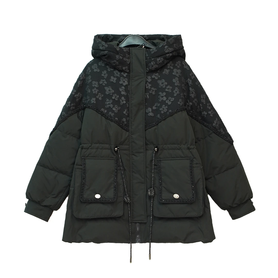 C032 冬季新款中国风3D立体压花连帽收腰显瘦羽绒外套