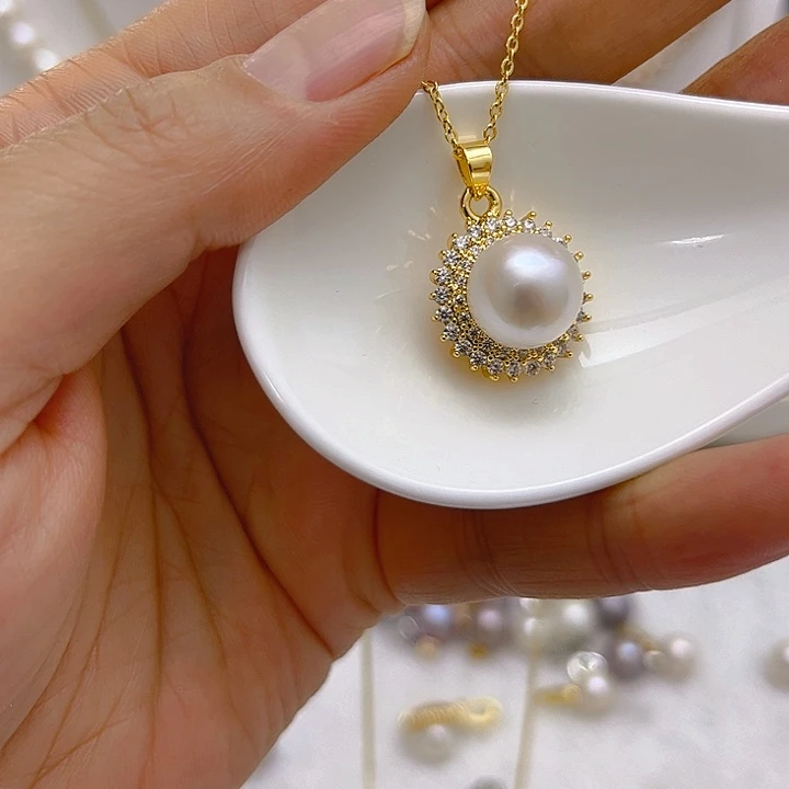 合金淡水珍珠白珠金色太阳花吊坠29.9