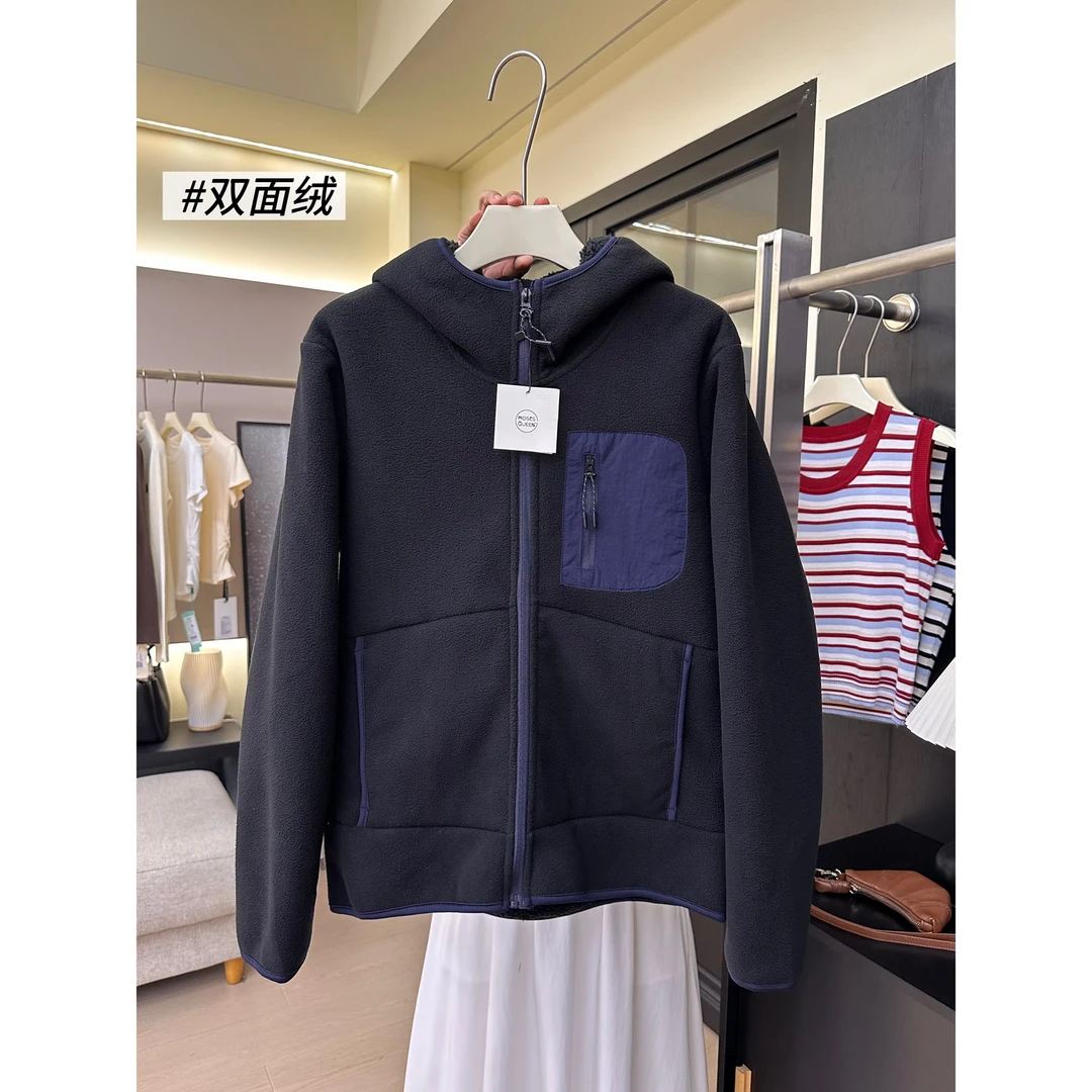 A24摇粒绒外套女棉衣2025秋冬加绒加厚连帽宽松保暖短款开衫上衣