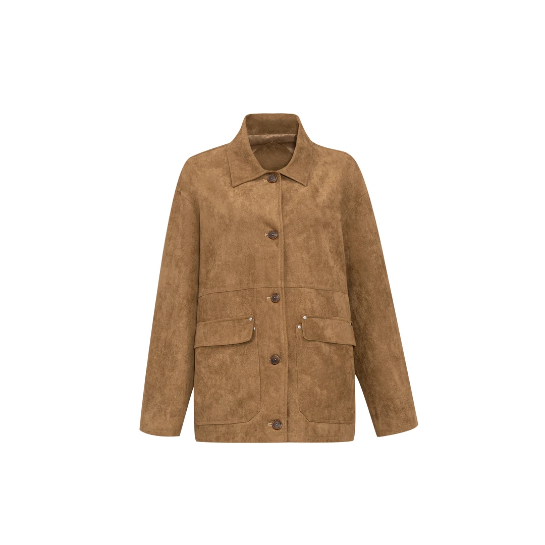 【蛋白羊绒皮翻领外套】粉色减龄气质宽松工装夹克W23CF7322