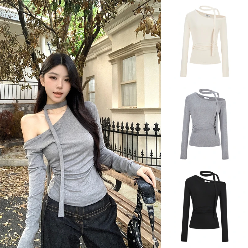 Moses Queen/魔西女王飘带斜肩长袖t恤女秋新款露肩内搭打底上衣