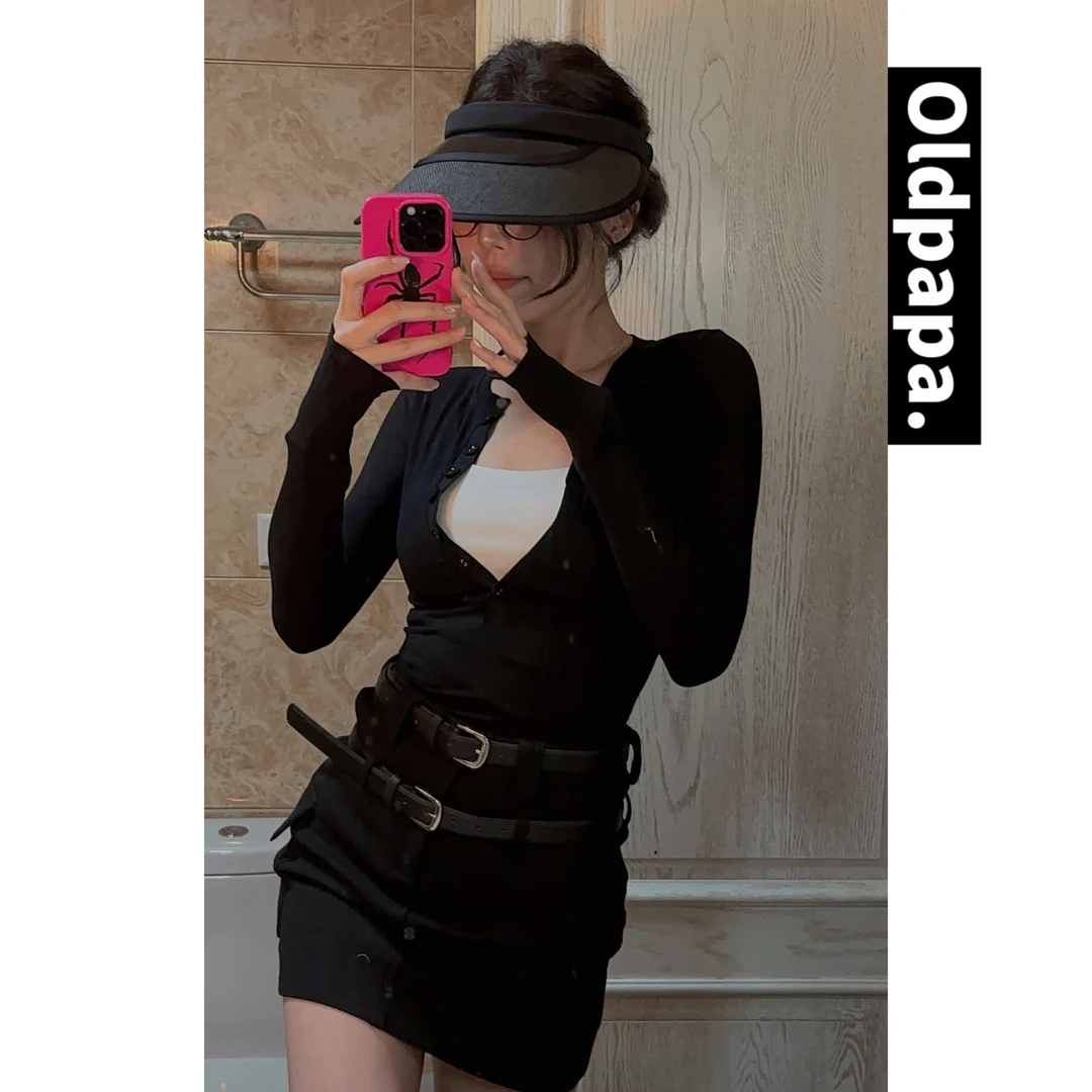 双腰带气质黑色高腰包臀裙