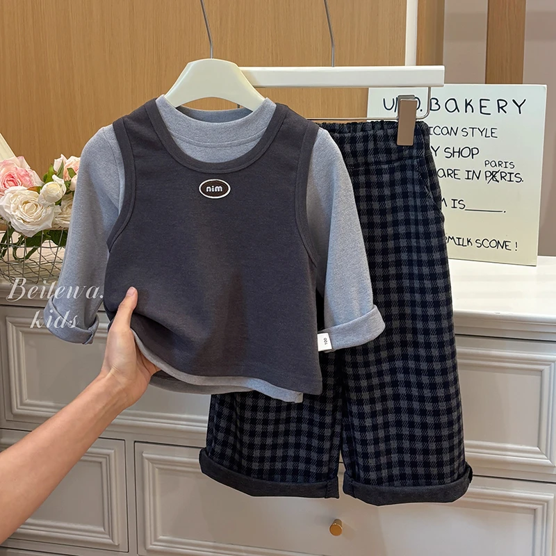 新款女童秋款套装百搭灰色吊带打底三件套女宝宝韩版休闲洋气童装