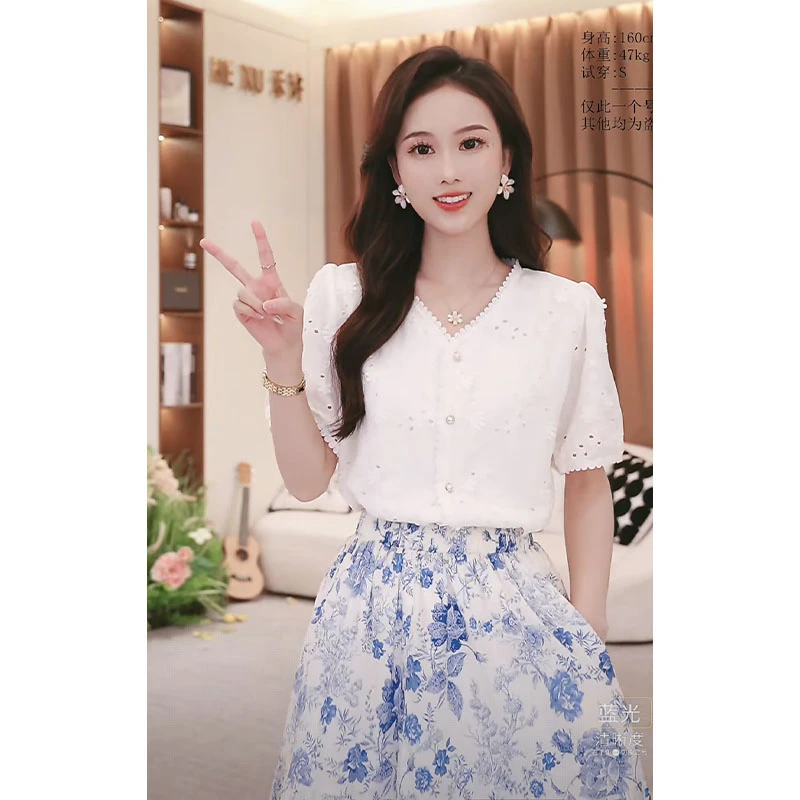 【小铃铛】TU27796法式洋气短款花边V领短袖衬衫女设计感百搭别致