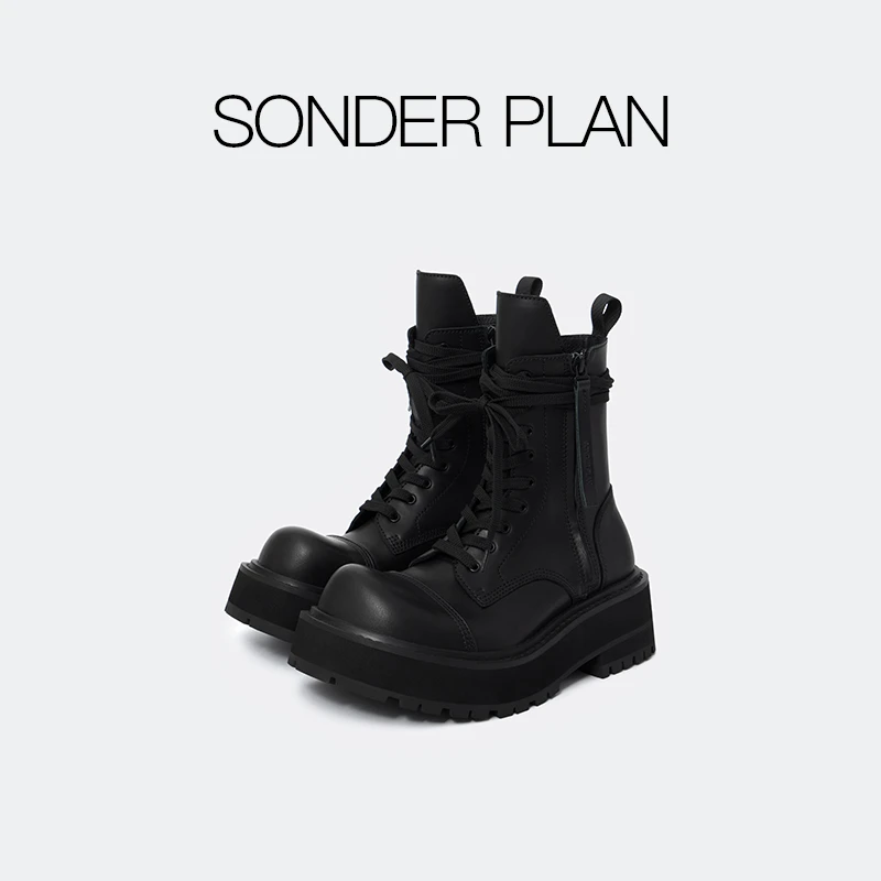 SONDERPLAN厚底马丁靴 6cm窄筒厚底马丁靴大头增高短靴重工双拉链