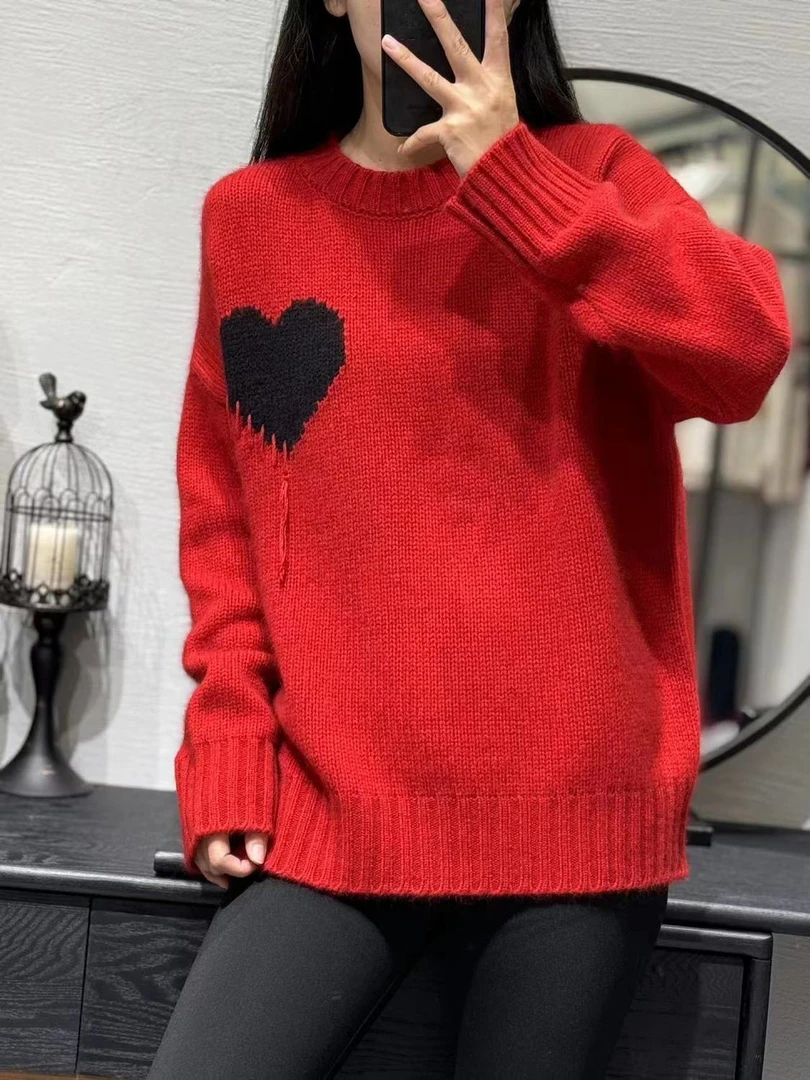 本命年新年红爱心提花100%纯羊毛衫女圆领套头流苏毛衣打底针织衫