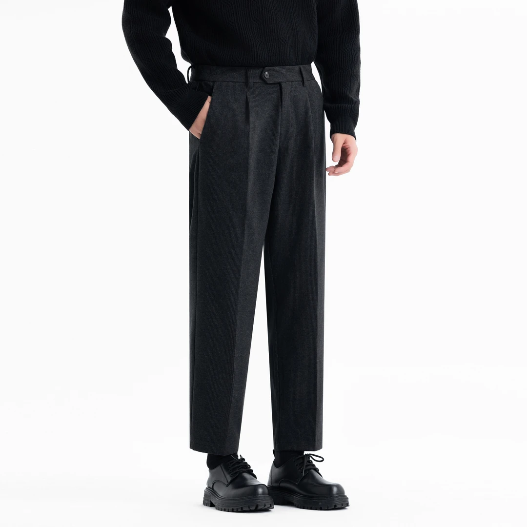 秋冬高级感松紧腰男士直筒毛呢裤子加厚韩版宽松免烫休闲裤九分裤