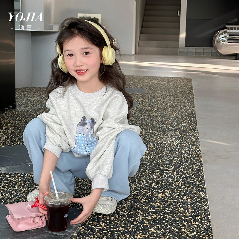 YOJIA女童卫衣春季2025新款韩版套头衫童装儿童圆领长袖上衣春款