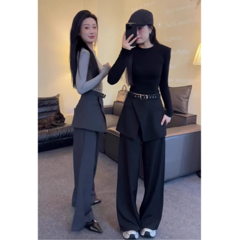 2025秋季新款设计感西装裤女气质高级感假两件拼接高腰阔腿西裤潮