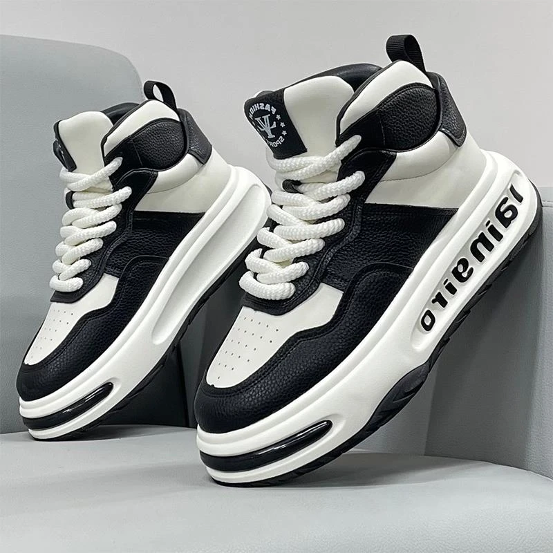 男士夏夏鞋2025新款真皮透气高筒鞋厚底增高板鞋覆古中筒鞋子男款