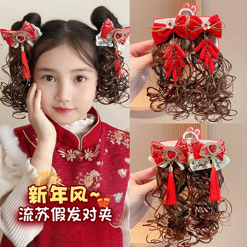 新年儿童发夹假发红色宝宝可爱蝴蝶结发饰女童头饰夹子发卡饰品