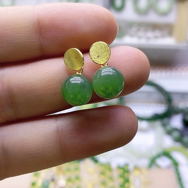 和田玉（碧玉）银S925镶嵌耳饰