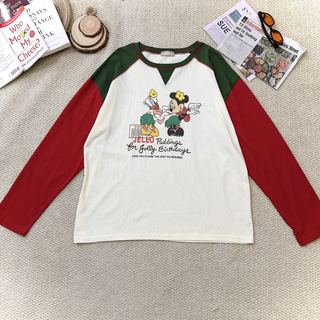 2025春夏新款卡通字母印花拼色长袖T恤打底卫衣1834