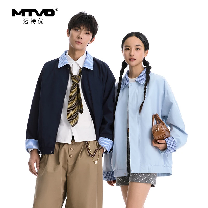 迈特优春季新款情侣可拆卸翻领拼格子夹克港风潮流百搭夹克9963