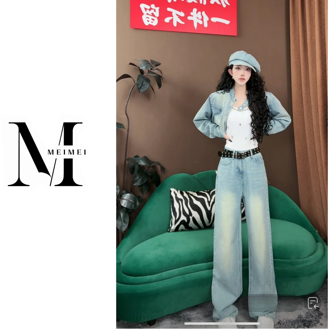 浅蓝色烫钻牛仔裤设计感渐变直筒裤长裤