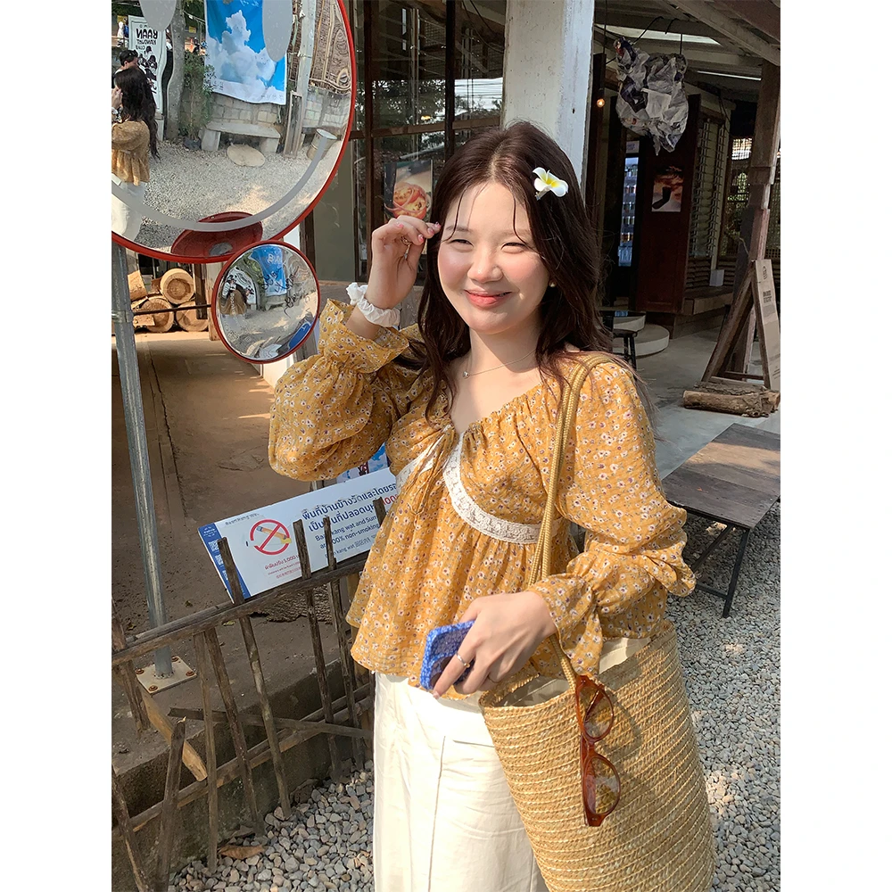 火火火【奶酥贝果】韩版小众别致抽绳碎花衬衫C29397HH51