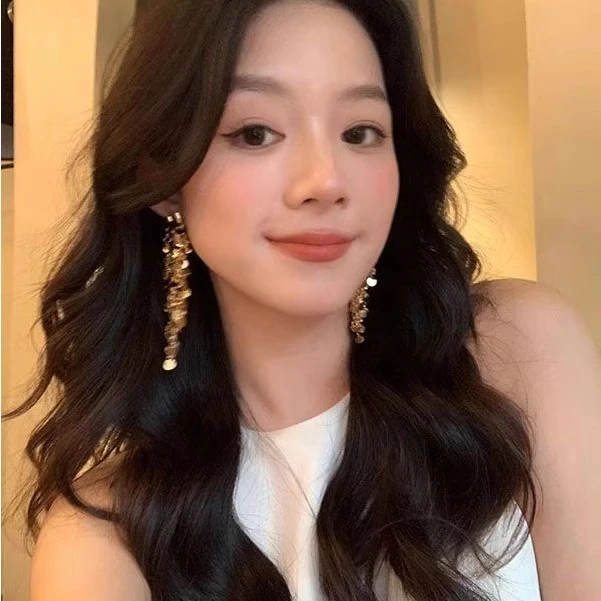 合金耳饰 法式波光粼粼长款金属亮片流苏耳钉轻奢气质显脸小耳饰