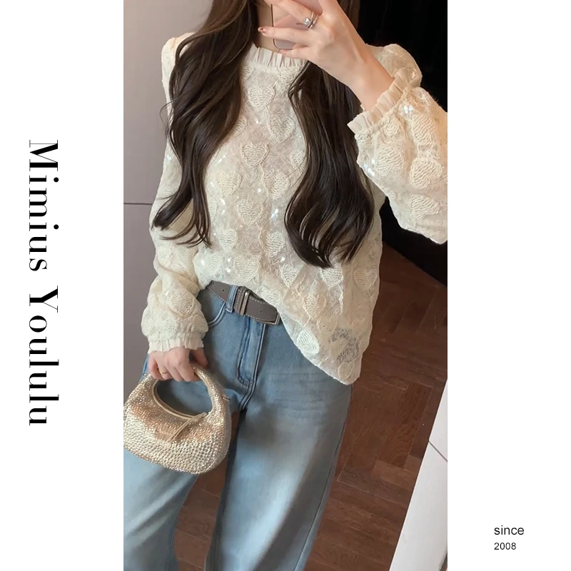 【mimius】喵喵 爱心亮片刺绣法式温柔蕾丝上衣 F11220
