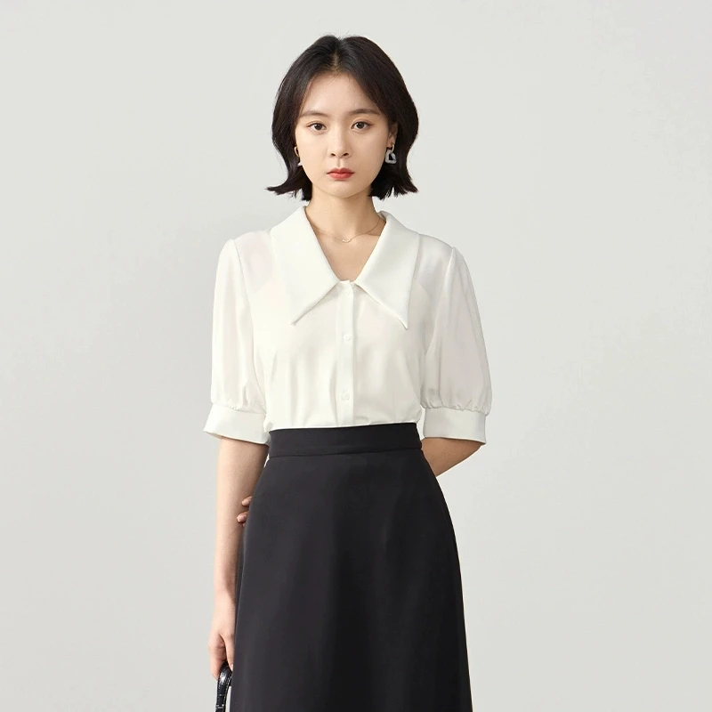 伯德小姐白色雪纺短袖衬衫女教资穿搭泡泡袖上衣职业正装面试衬衣