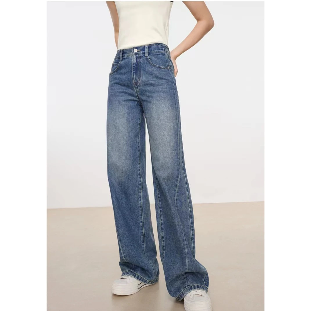 门店4&29！博主穿搭！解构立裁 棉弧形弯刀牛仔阔腿长裤女 L72026