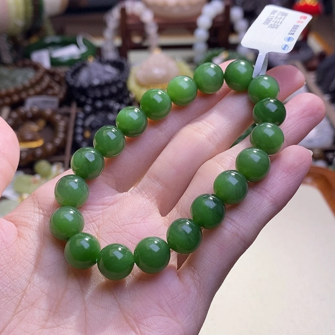 和田玉未镶嵌颈饰乘*?碧玉阳绿手串10MM