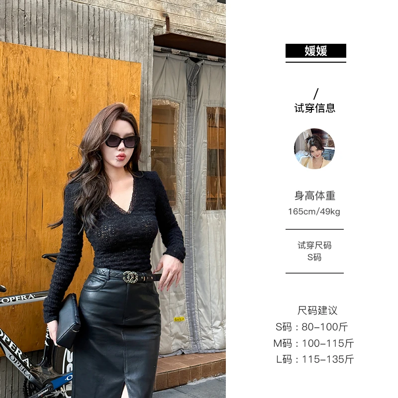 媛媛【墨蕾】修身v领镂空蕾丝纯欲打底秋款T恤气质针织上衣女#D0974