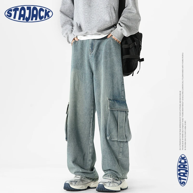 STA JACK工装牛仔裤男女同款宽松美式百搭潮流水洗复古多口袋裤子