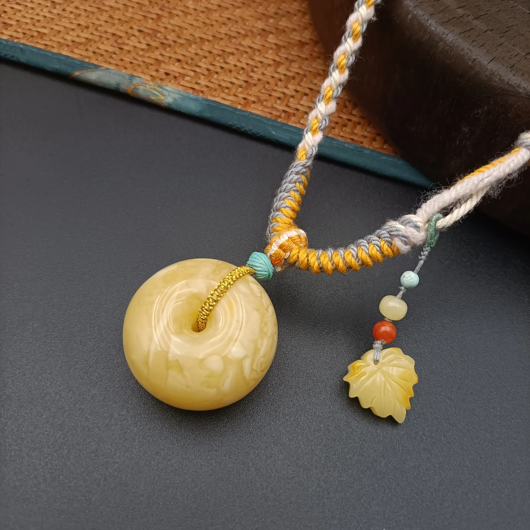 天然琥珀蜜蜡小平安扣手工编绳毛衣链