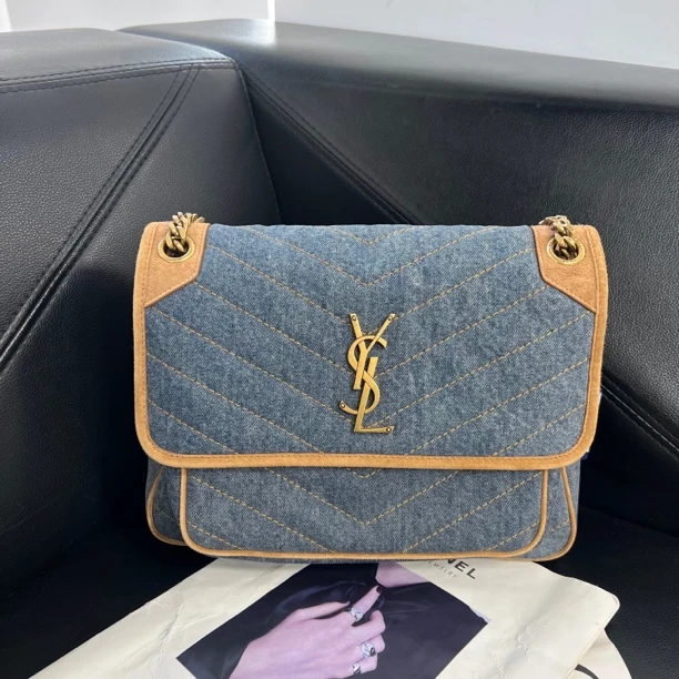 95新 YSL/圣罗兰 捐金沉珠/牛仔中号niki单肩
