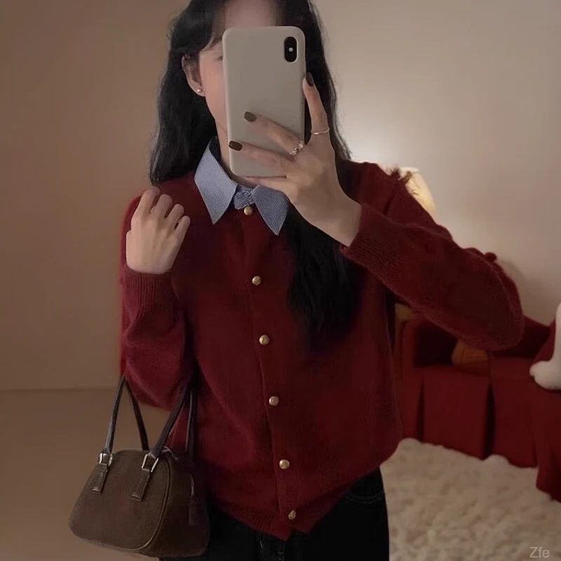 设计感上衣领拼接毛衣女秋冬韩版百搭温柔风显瘦气质减龄针织开衫