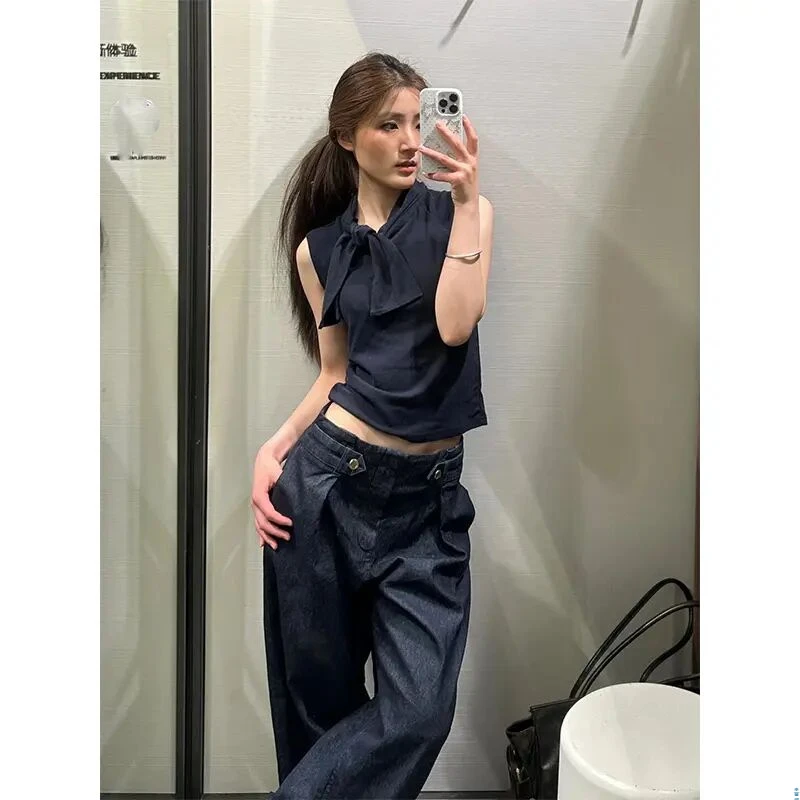 2025夏季新款系带无袖辣妹显瘦小众复古上衣直筒设计感百搭休闲裤