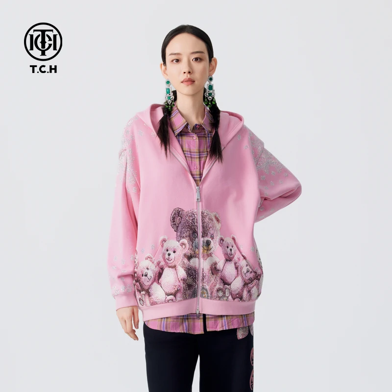 轻奢-TCH潮牌假两件个性烫钻小熊拉链卫衣外套男女同款T72C176026