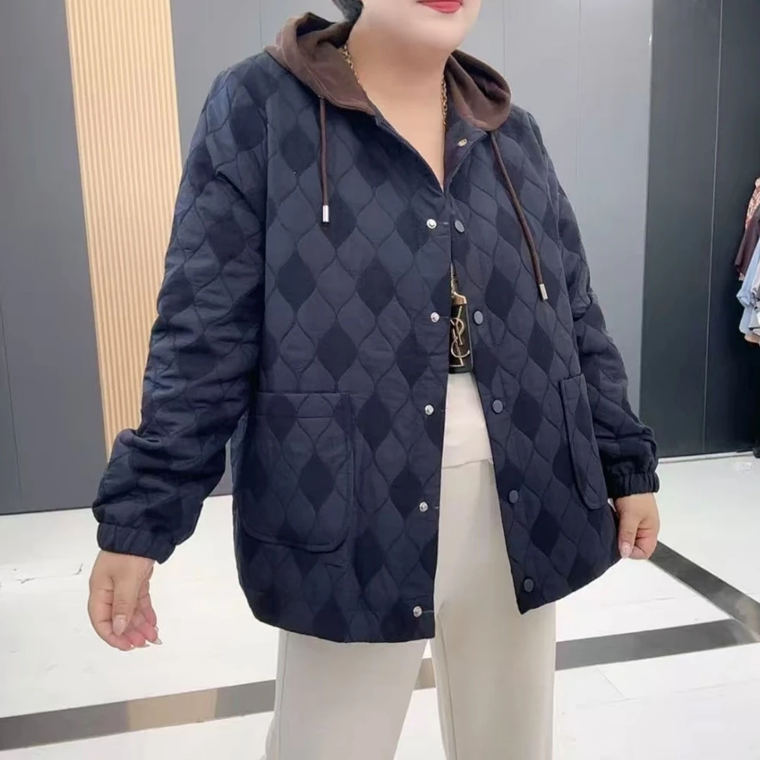 26037-大码拼接撞色连帽提花双口袋休闲外套