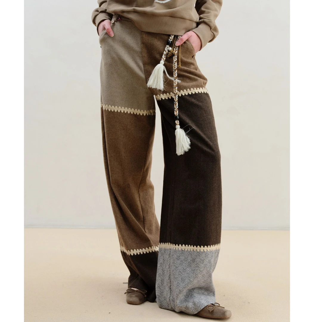 【LOCAT】wii wil 贝壳绣多色拼接羊毛直筒裤 K10021602