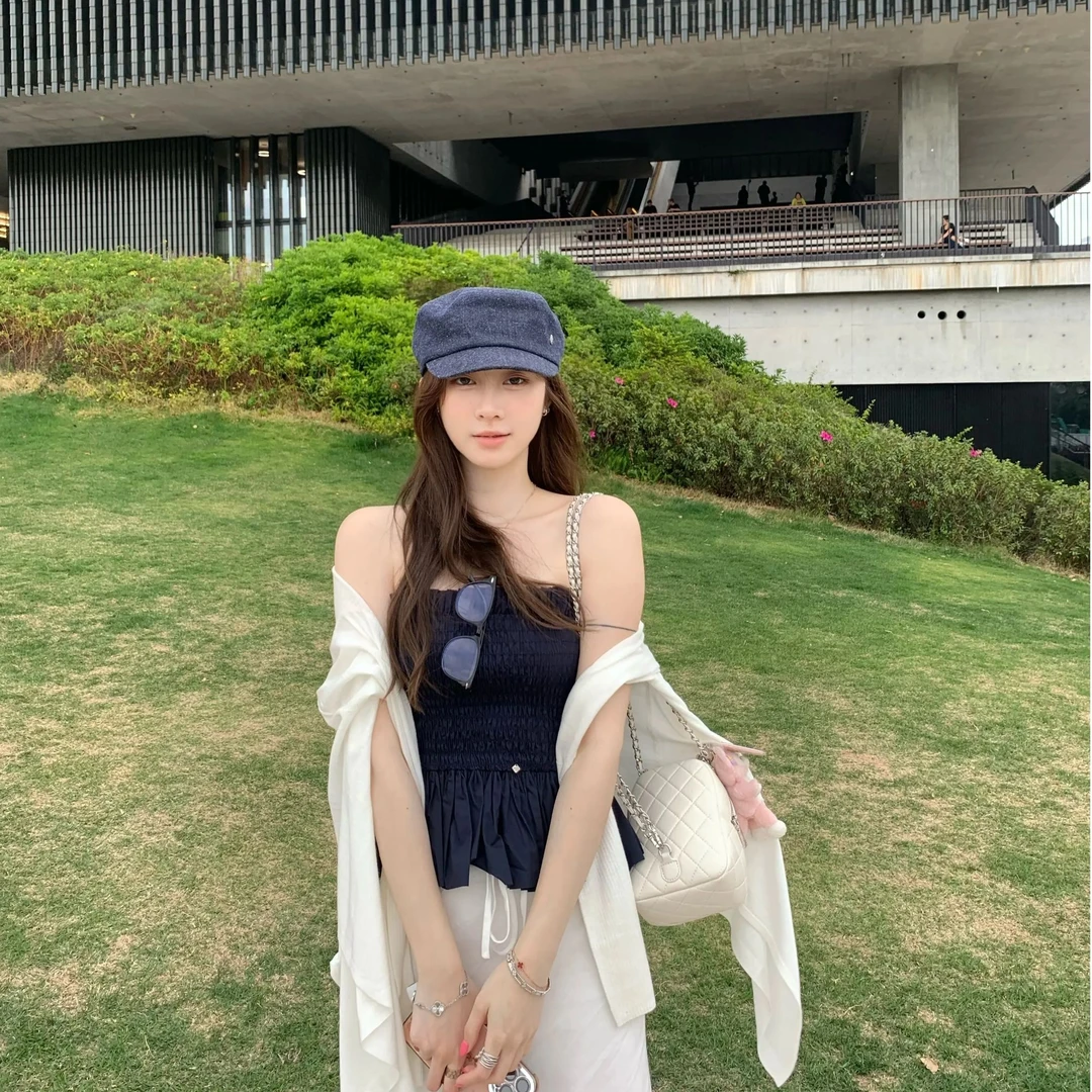 ke7en 藏青多褶皱抹胸不规则下摆上衣背心