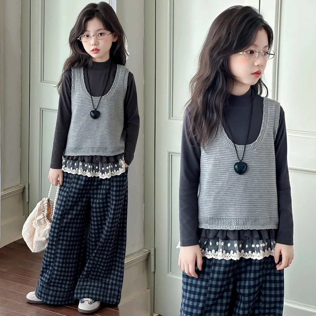 女童秋款套装2025新款秋季儿童洋气马甲女童打底衫女童裤子三件套