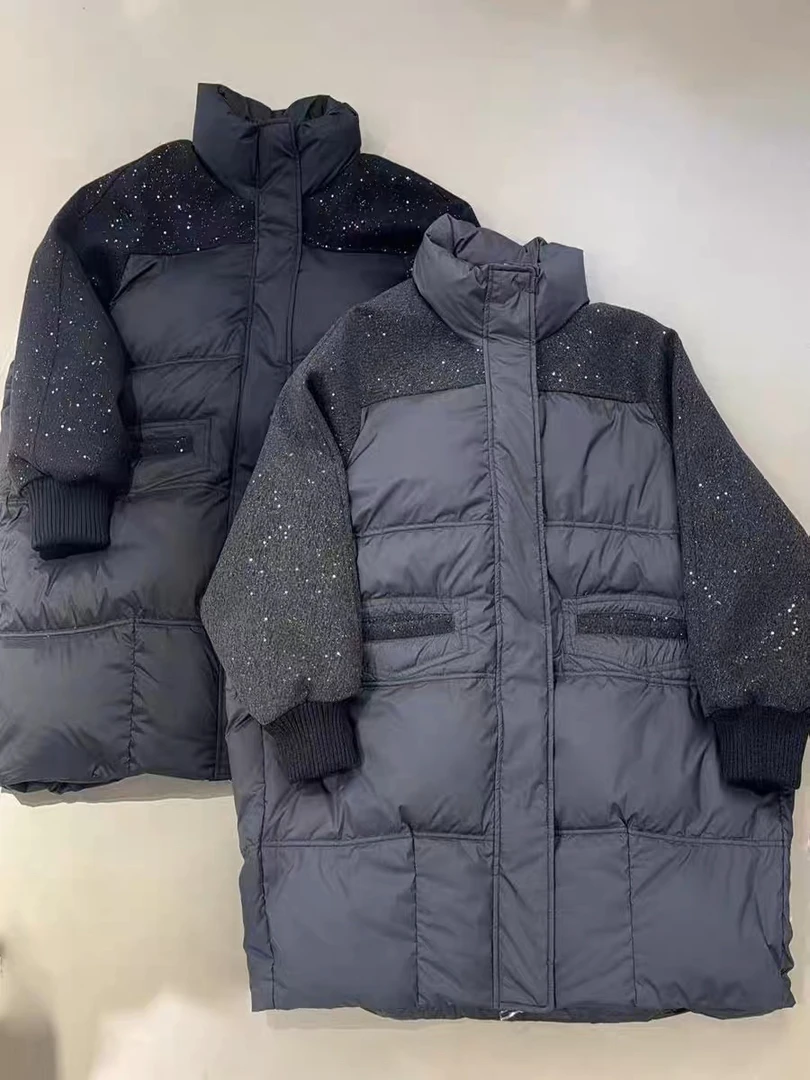 blingbling毛呢拼接百搭立领白鸭绒保暖羽绒服女中长款外套