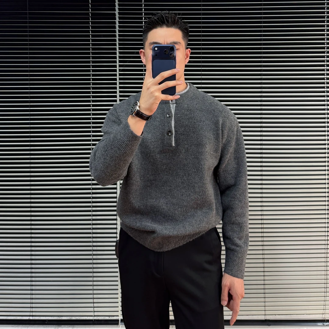 撞色针织衫亨利领毛衣男圆领针织衫纽扣领秋季男装毛衣单穿可内搭